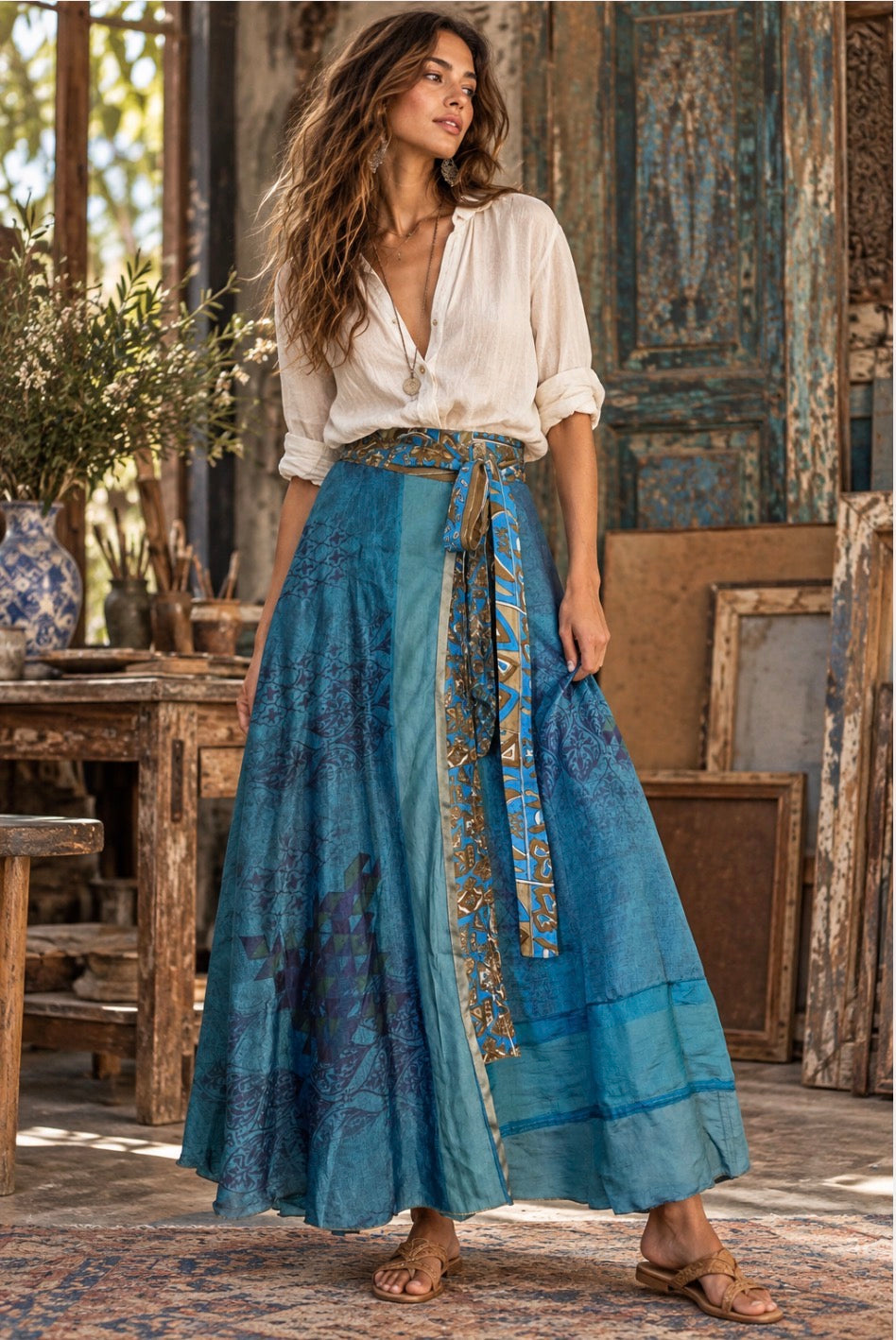 Recycled Silk-Blend Patchwork Wrap Maxi Skirt — Ocean Blue