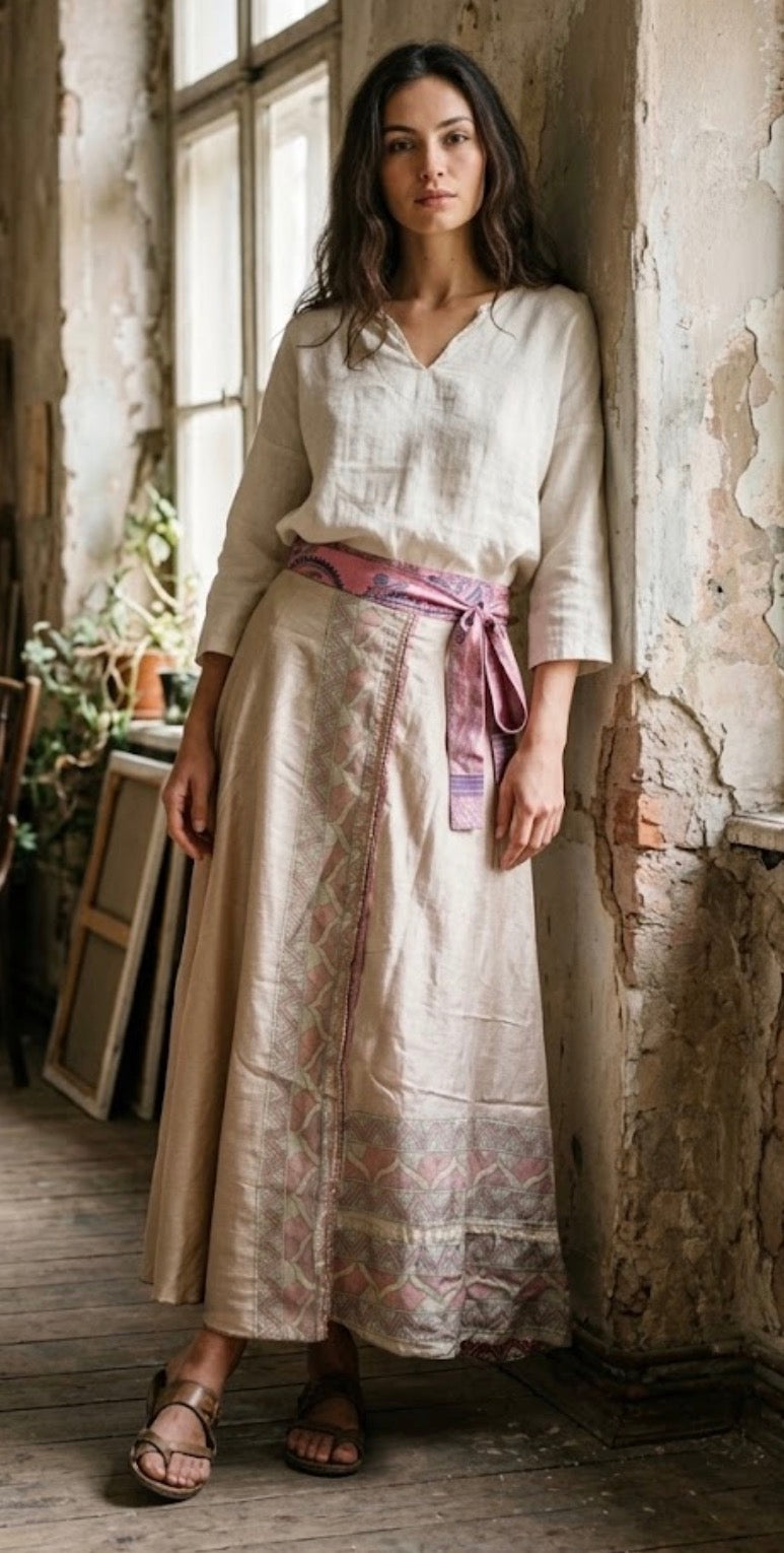 Recycled Silk-Blend Patchwork Wrap Maxi Skirt — Powder Pink