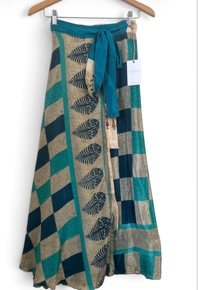 Recycled Silk-Blend Patchwork Wrap Maxi Skirt — Diamond Teal