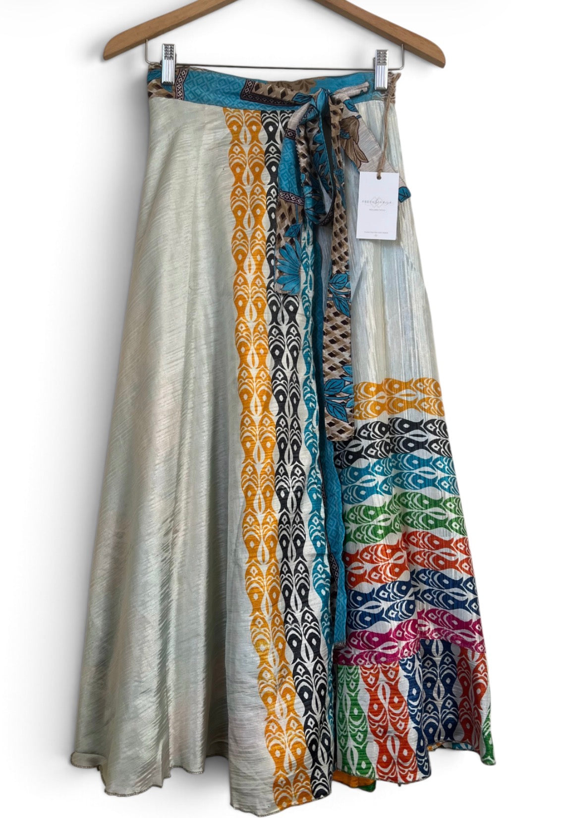 Recycled Silk-Blend Patchwork Wrap Maxi Skirt — Rainbow Fish