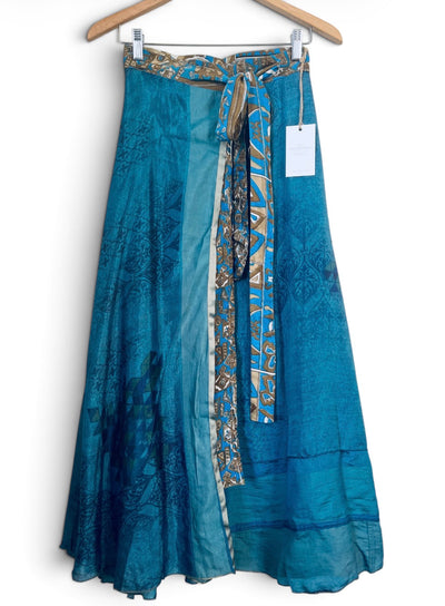 Recycled Silk-Blend Patchwork Wrap Maxi Skirt — Ocean Blue