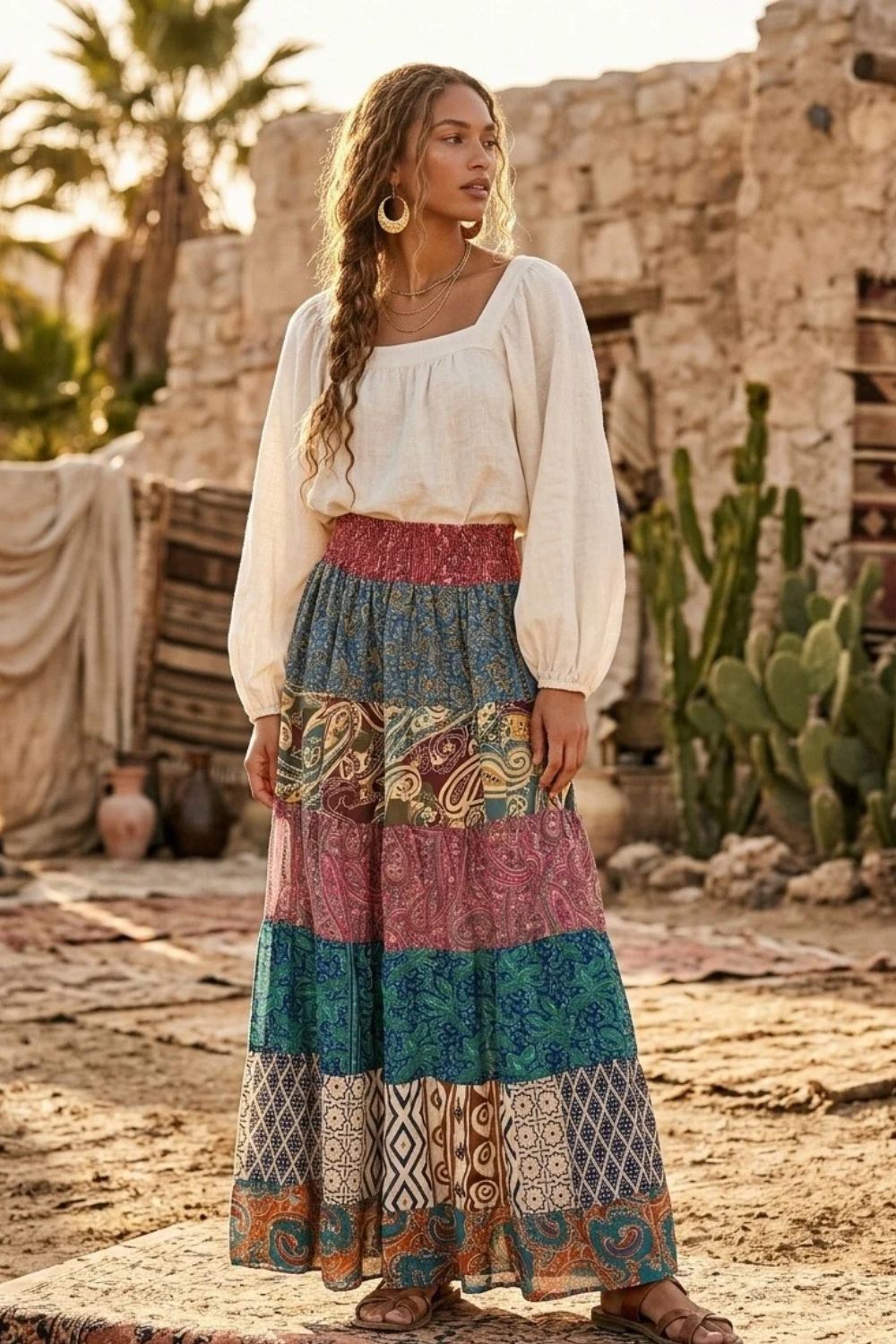 Silk-Blend Tiered Maxi Skirt — Multi-Color