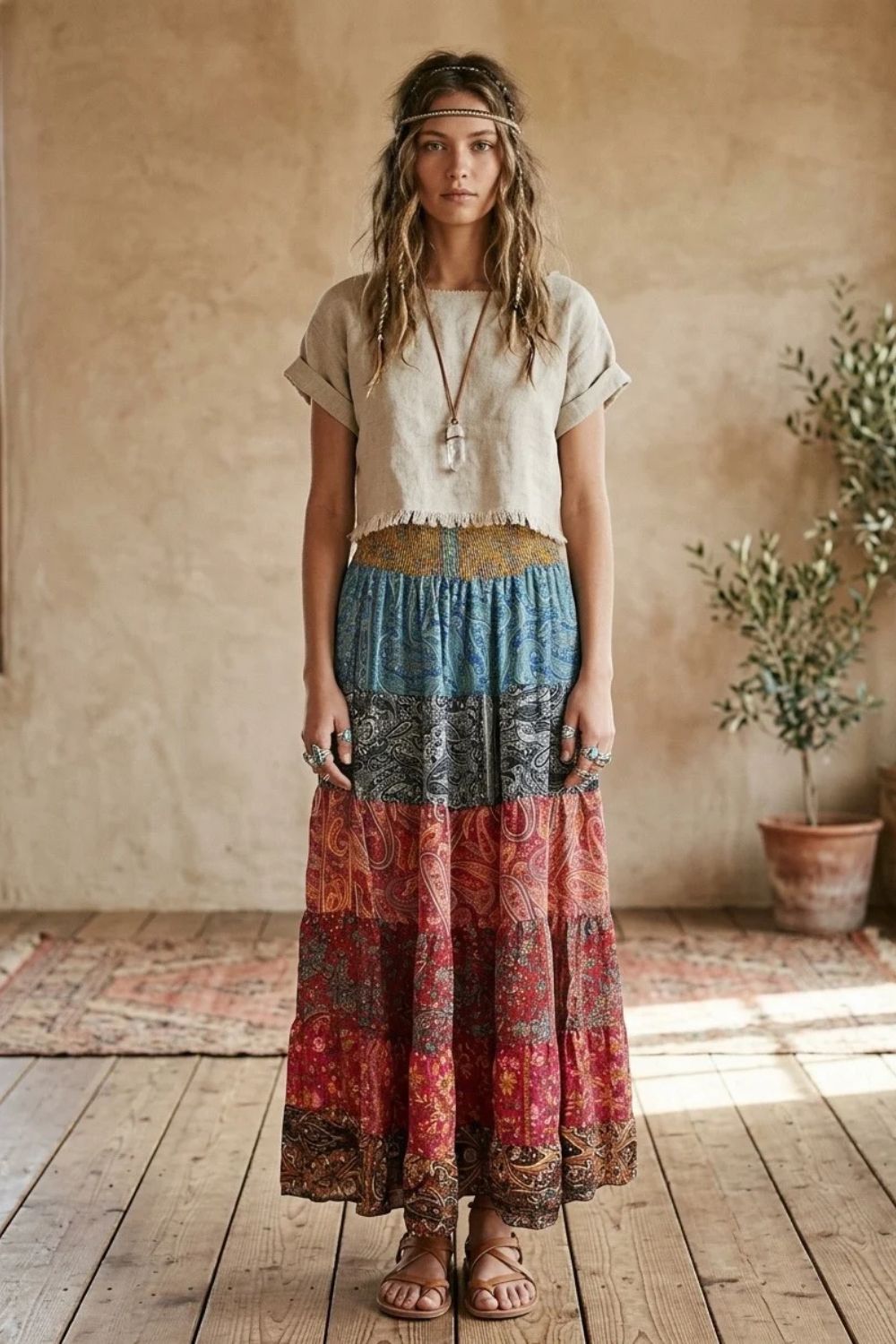 Silk-Blend Tiered Maxi Skirt — Multi-Color
