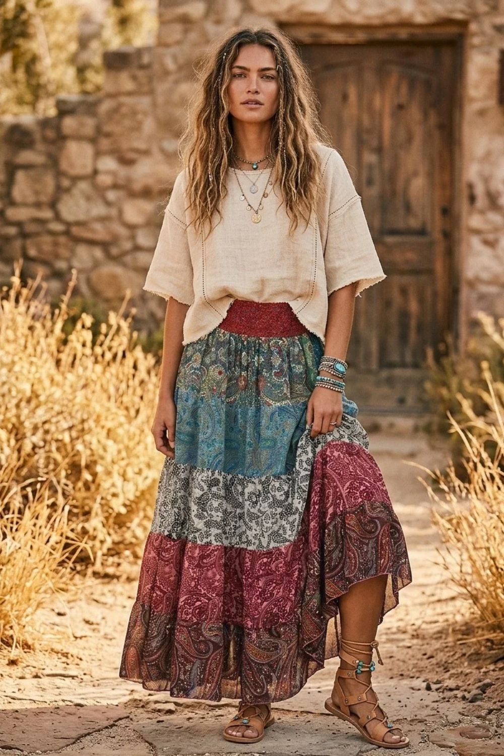 Silk-Blend Tiered Maxi Skirt — Multi-Color