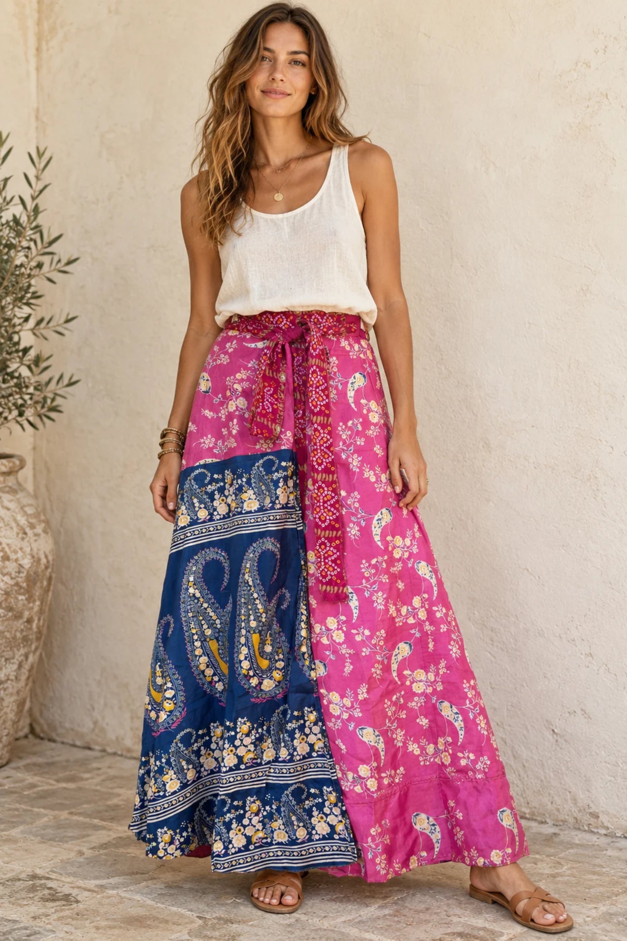 Silk-Blend Wrap Maxi Skirt — Paisley Blue