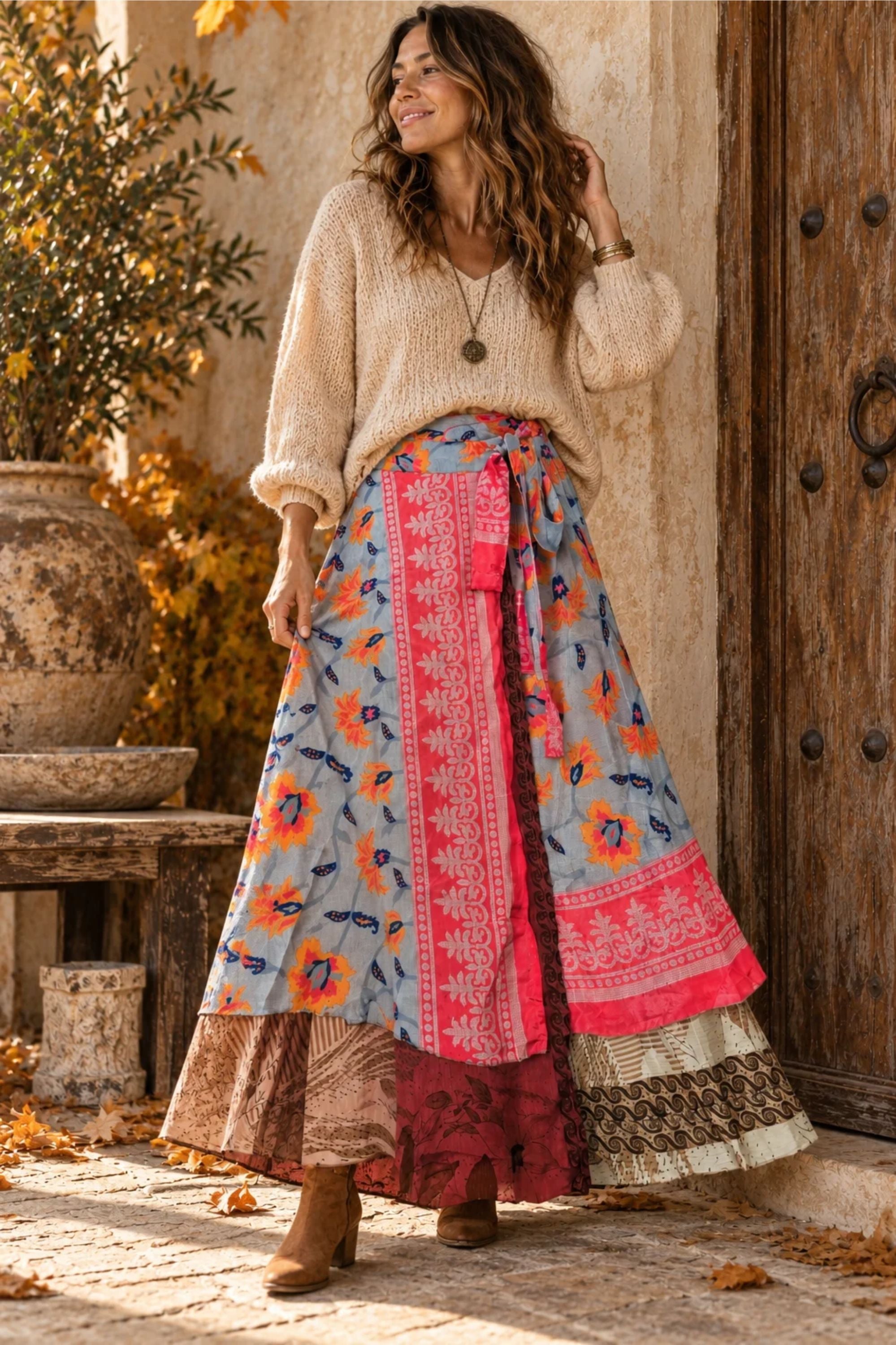 Silk-Blend Wrap Maxi Skirt — Orange Sunflower