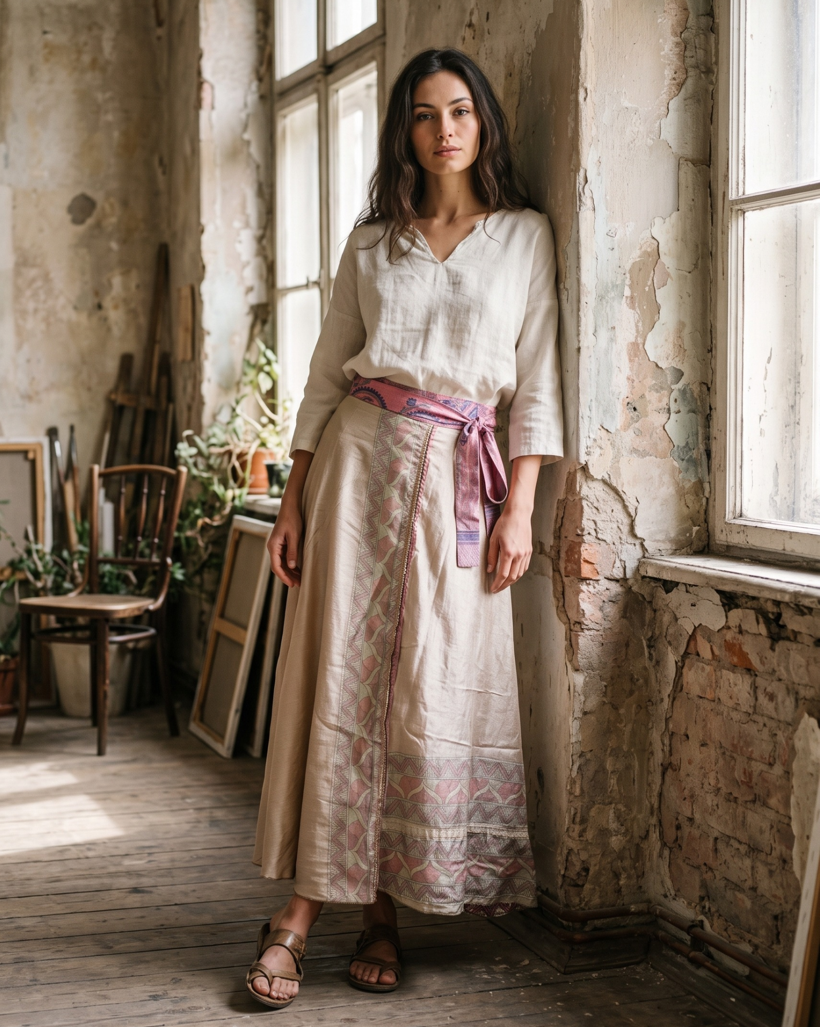 Recycled Silk-Blend Patchwork Wrap Maxi Skirt — Powder Pink