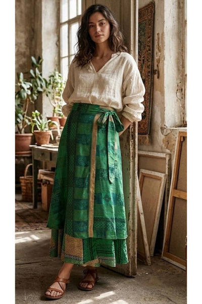 Silk-Blend Wrap Maxi Skirt — Garden Green