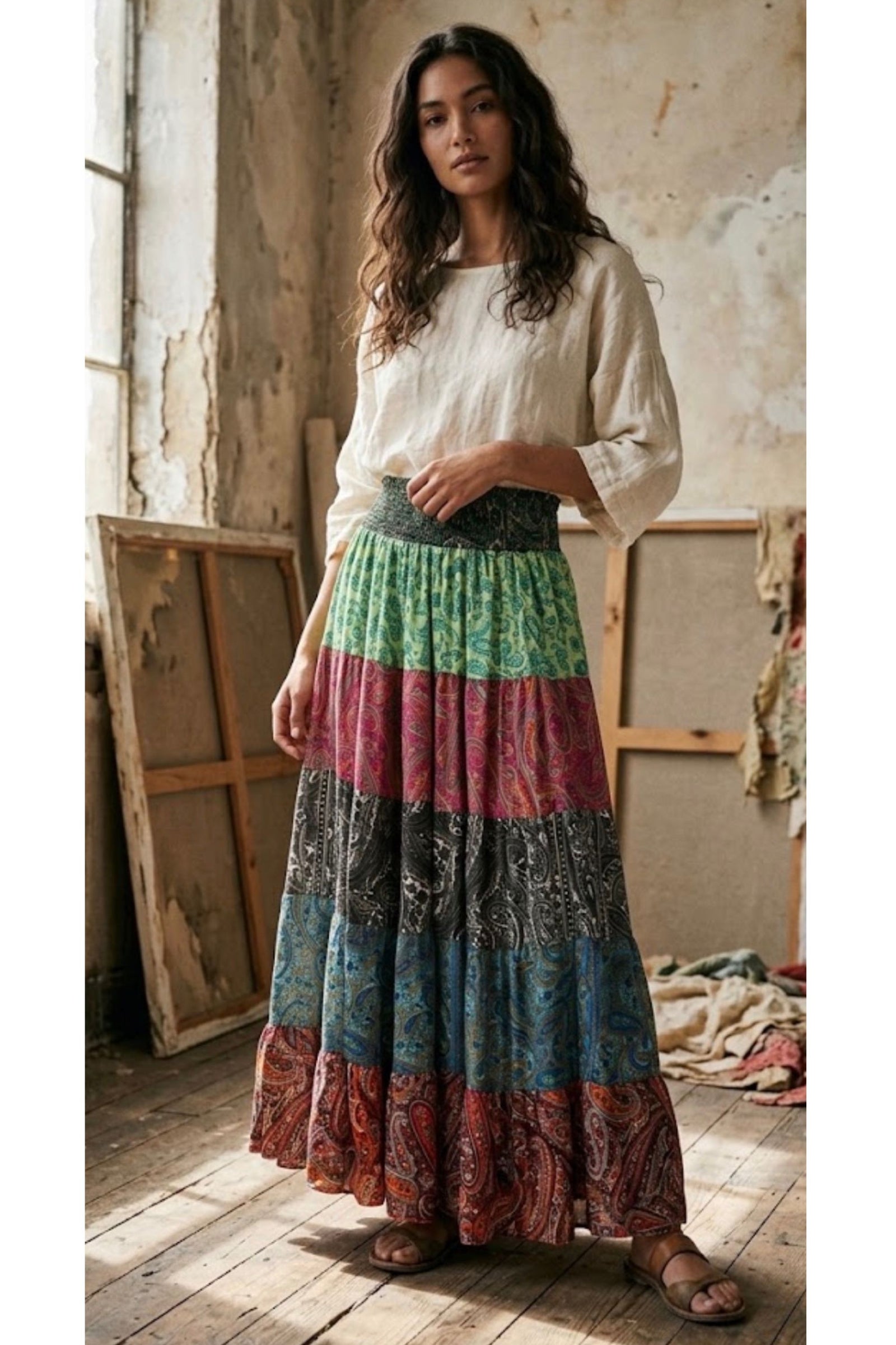 Silk-Blend Tiered Maxi Skirt — Multi-Color