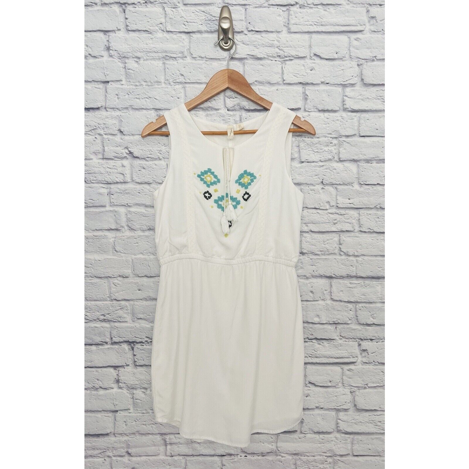 KENZIE White Turquoise Dress Beaded Sz 6 Sleeveless Cotton Lined Boho Western