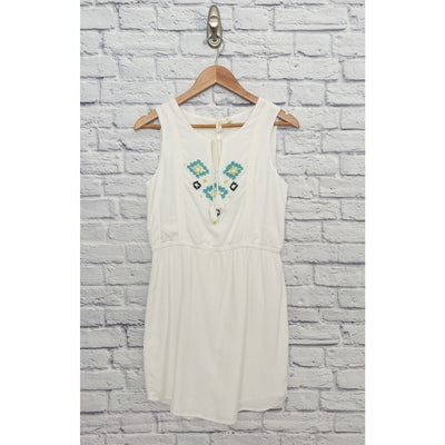 KENZIE White Turquoise Dress Beaded Sz 6 Sleeveless Cotton Lined Boho Western