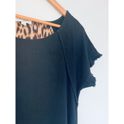 UMGEE Black Dress Leopard Animal Print Sz S Linen Boho Western Fringe Edge