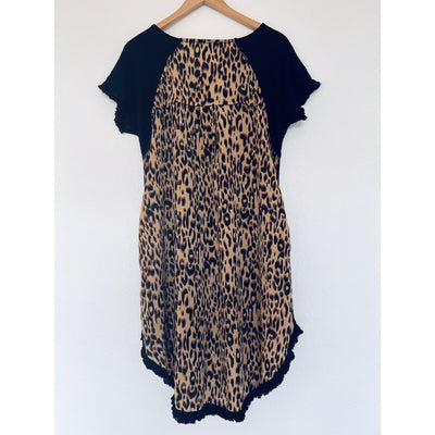 UMGEE Black Dress Leopard Animal Print Sz S Linen Boho Western Fringe Edge