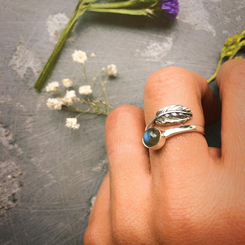 Nyree Ring Freya Sterling Sliver Boho Rings Leaf Feather Labradorite Delicate Stylish