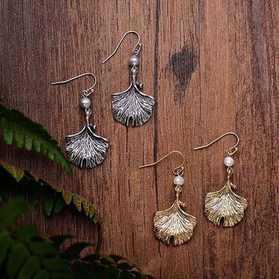 Pearl Ginkgo Leaf Drop Earrings-Earrings-Freya Branwyn