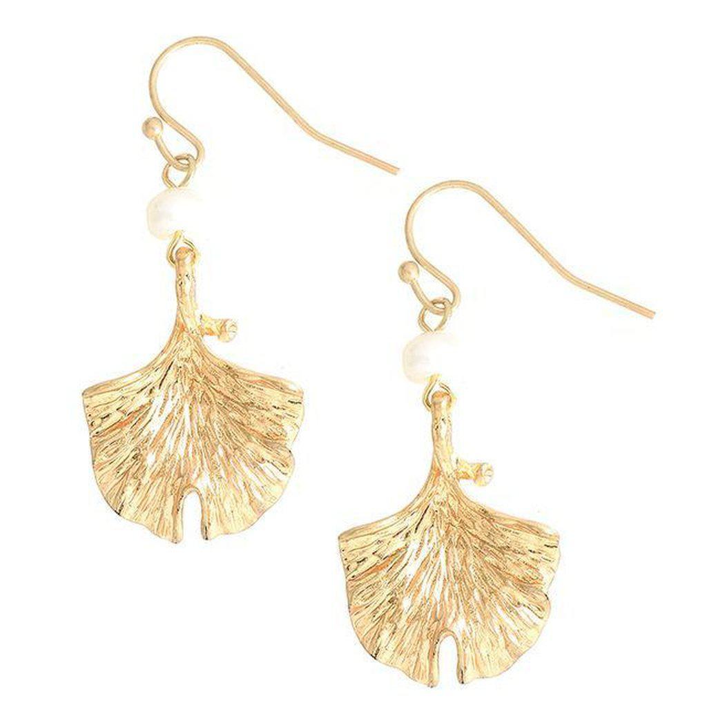 Pearl Ginkgo Leaf Drop Earrings-Earrings-Freya Branwyn