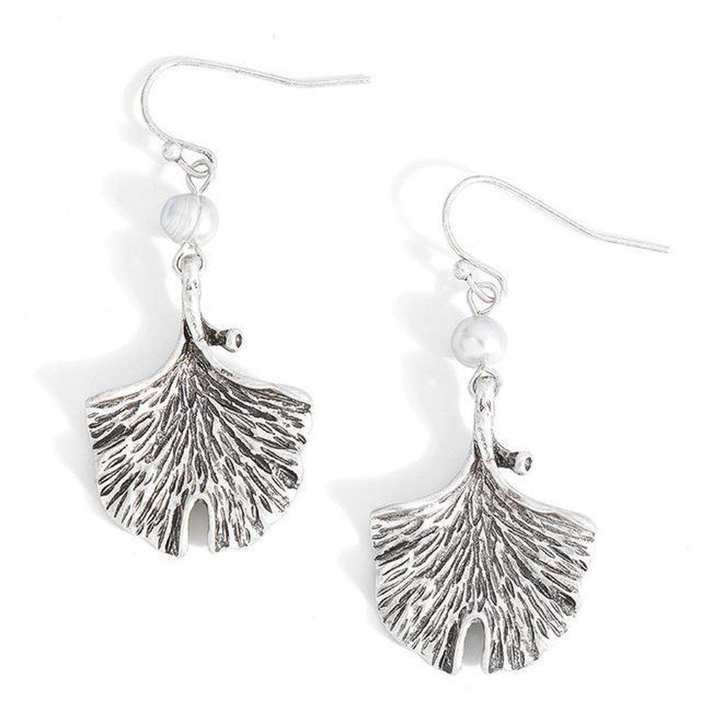 Pearl Ginkgo Leaf Drop Earrings-Earrings-Freya Branwyn