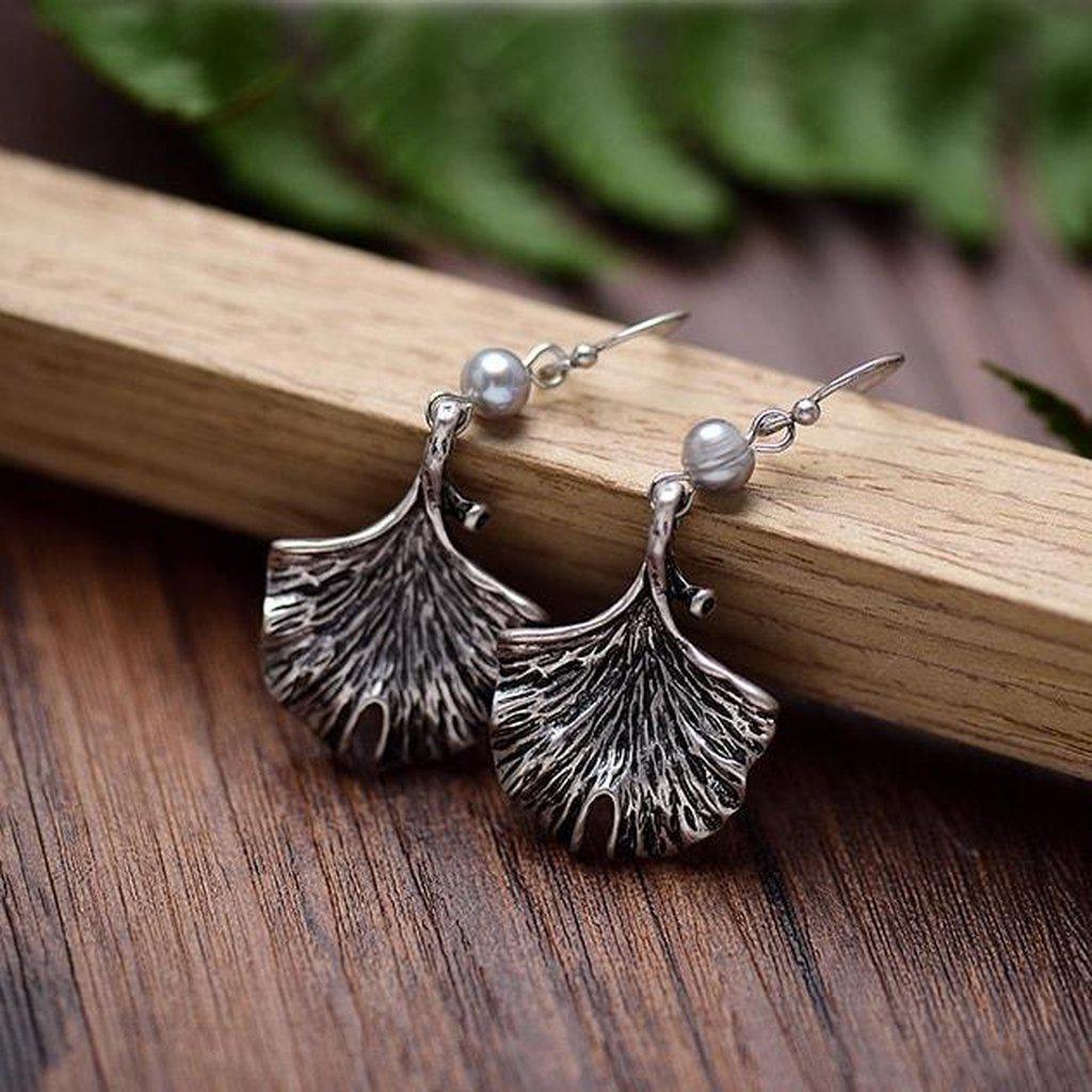 Pearl Ginkgo Leaf Drop Earrings-Earrings-Freya Branwyn