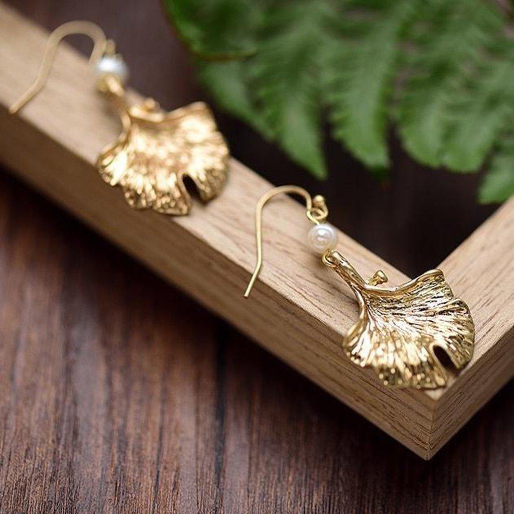 Pearl Ginkgo Leaf Drop Earrings-Earrings-Freya Branwyn